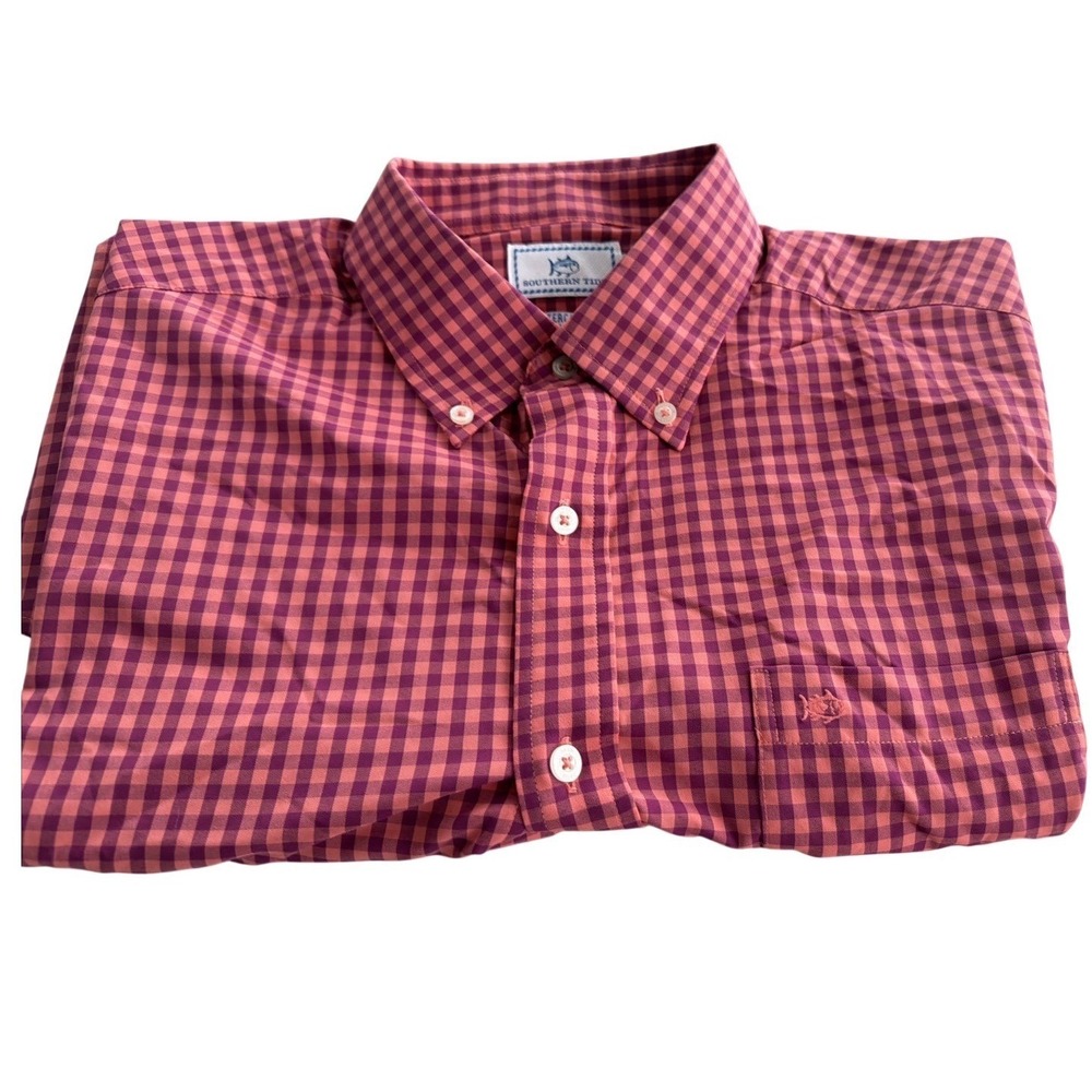 Southern Tide Intercoastal Gingham Performance Shirt Mens L Red Orange Short Slv